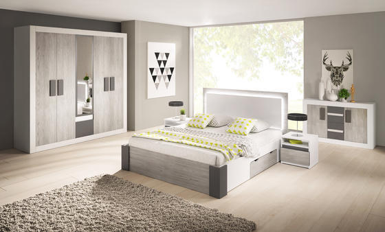 Ložnice HELIOS, postel 160, skříň, 2 noční stolky, v šedé kombinací s bílou  - 1